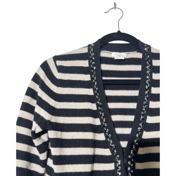 J. Crew Gustoso Classic Black & White Cardigan 100% Cashmere Striped Sweater S - Picture 2 of 8